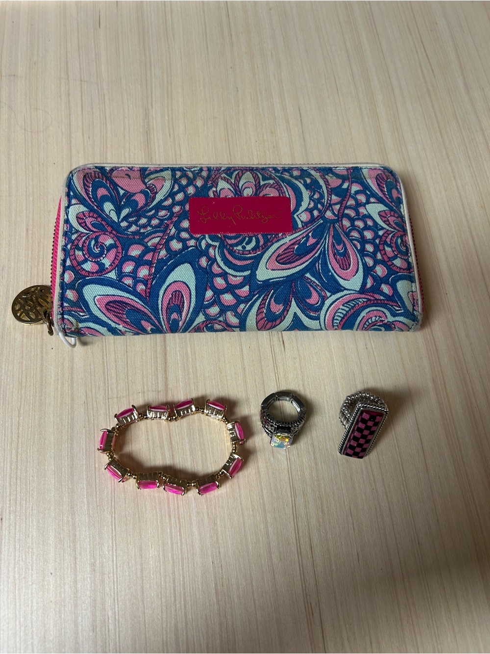 Lilly Pulitzer Pink, Blue and Cream Paisley Zip Wallet W/ Fashion Jewelry
